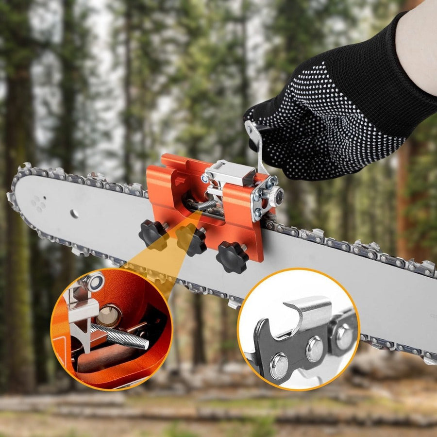 TimberBite manual sharpener used outdoors