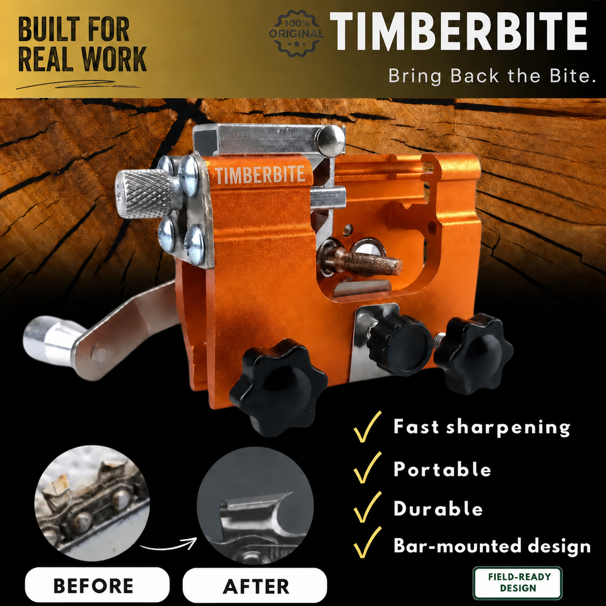 TimberBite hand-crank chainsaw sharpener — Bring Back the Bite